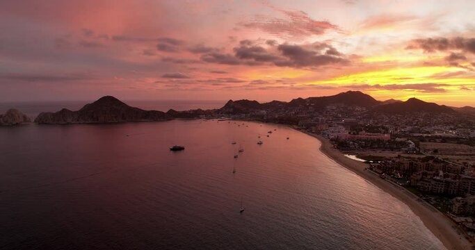 Cabo San Lucas Mexico Fire Sky Orange Red Purple Aerial View Panoramic From Ocean to City Downtown at Dawn
