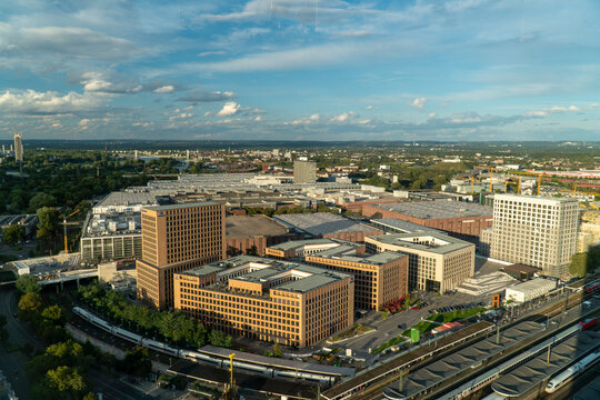aerial view of Cologne Koelnmesse and railway tracks