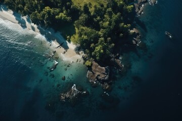 Aerial view of tropical island, shot with drone, Generative AI