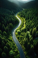 Winding road in the forest, shot with drone, Generative AI
