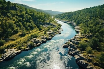 Obraz premium River in the mountains, shot with drone, Generative AI