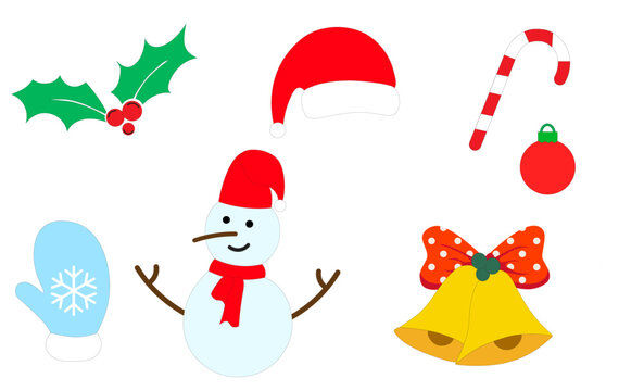 Christmas design elements, vector. Quality flat design Xmas decorative items featuring holly tree leaves, snowman, wreath, garland, mistletoe, Xmas cand Christmas bell with bowtie and Santa Claus hat.