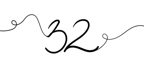 Number 32 line art drawing on white background. 32th birthday continuous drawing contour. Minimal vector illustration