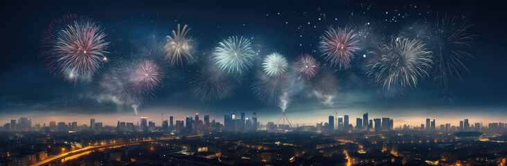 Fototapeta na wymiar Panoramic view of colorful fireworks over cityscape at night.