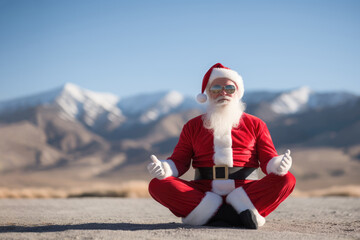 Santa Claus doing yoga exercise outdoor. Ai generative art