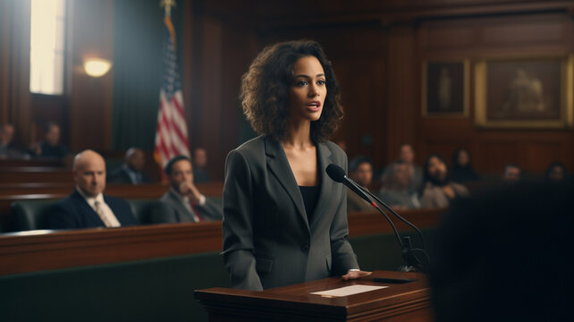 Court of Justice and Law Trial: Female Public Defender Presenting Case, Making Passionate Speech to Judge, Jury. Multiethnic Attorney Lawyer Protecting Client's Innocents with Supportive Evidence