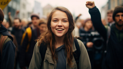 Obraz premium Woman rasing fist in the air, concept of social justice and female rights, outdoor protest in the city