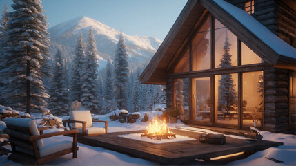 Fototapeta premium exterior of cozy Modern Cabin Wide, big windows, Winter Scene with Crackling Fireplace