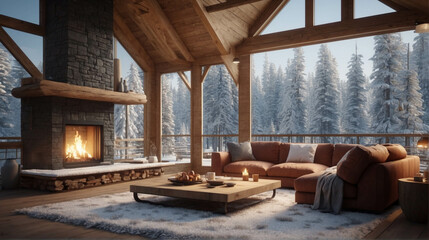 Obraz na płótnie Canvas Cozy Modern Cabin Wide Interior, big windows, winter Scene with Crackling Fireplace