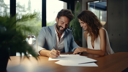 Happy attractive couple signing prenup or home purchase agreement - obrazy, fototapety, plakaty
