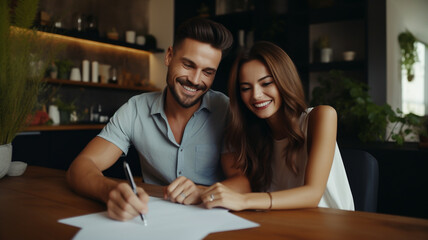 Happy attractive couple signing prenup or home purchase agreement