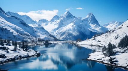 Fototapeta na wymiar A photo of snow-capped peaks, with pristine alpine lakes as the background, during the winter season