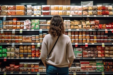 Women exploring gluten-free aisle in a grocery store, showcasing a wide range of available options, - obrazy, fototapety, plakaty