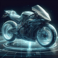 Futuristic motorcycle on holographic background