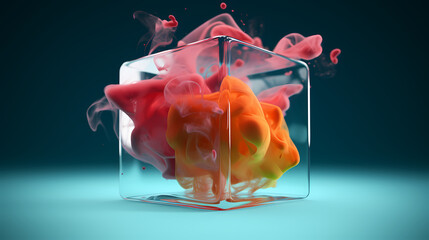 Fire orange red color smoke inside of cube
