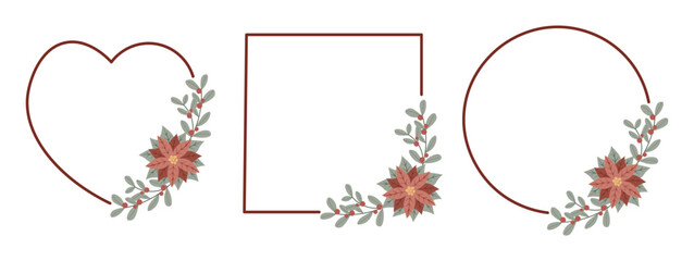 Set Christmas frames with red poinsettia flower.Design for New Year and Christmas cards, scrapbooking, stickers, planner, invitations