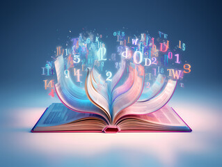 
3d rendering of an open book from which numbers emerge in the style of numerology, a combination of blue and pink colors - obrazy, fototapety, plakaty