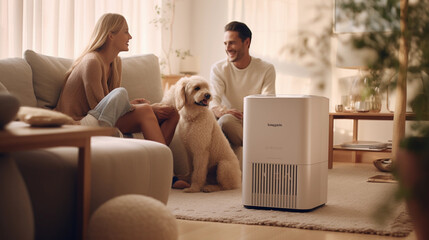 Happy family with a dog and children enjoys a new bought air purifier