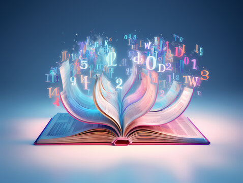 
3d rendering of an open book from which numbers emerge in the style of numerology, a combination of blue and pink colors