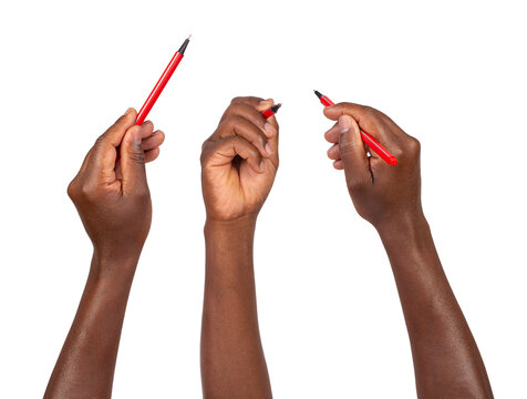 Man holding red fineliners in a hand and writing, drawing, and pointing, isolated on white or transparent background	 - Powered by Adobe