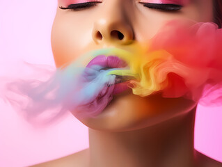 Makeup woman with pink lips and smoke - obrazy, fototapety, plakaty