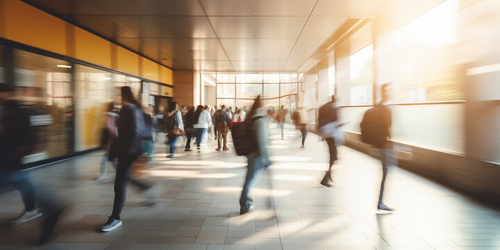 College students walking in a rush on college university campus