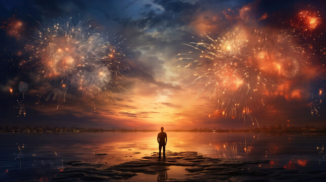 Silhouette of a Man standing on the edge of the river and watching fireworks.