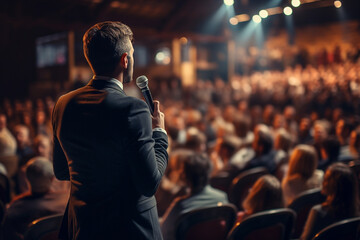 Business man or motivational speaker wearing suit on podium stage at public event - obrazy, fototapety, plakaty