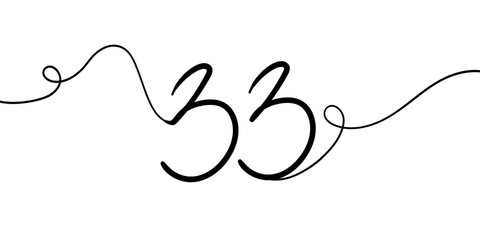 Number 33 line art drawing on white background. 33th birthday continuous drawing contour. Minimal vector illustration