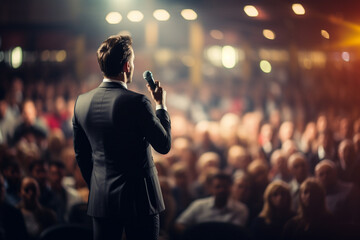 Business man or motivational speaker wearing suit on podium stage at public event - obrazy, fototapety, plakaty
