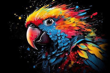 Cute adorable gentle parrot  animal. Black background, colorful animal paintings, t-shirt print patterns, textures. Generative AI - obrazy, fototapety, plakaty