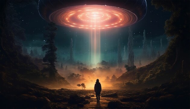 Silhouette of a person seeing a UFO in the woods at night, AI-generated.