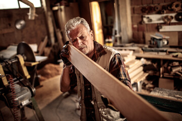 Senior male carpenter examining timber in the shop