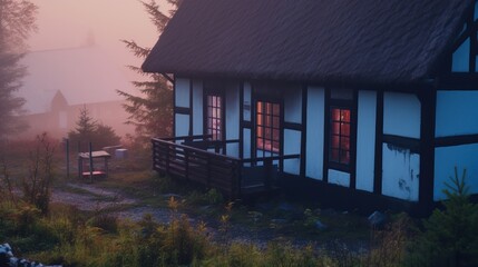 Old Prussian-styled house in dusk. Kaszuby