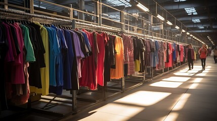 Fabric Warehouse. Fashion Clothes Warehouse. New or used clothes in racks and hangers. Transportation hub with clothes. - obrazy, fototapety, plakaty