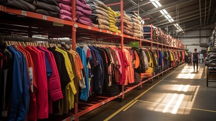 Obraz premium Fabric Warehouse. Fashion Clothes Warehouse. New or used clothes in racks and hangers. Transportation hub with clothes.
