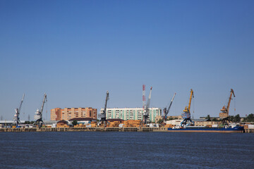 Fototapeta na wymiar Landscape with a river port, Volga River.