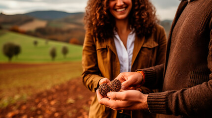A truffle farmer displays two truffles in front of his farm plot. - obrazy, fototapety, plakaty