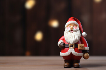 Cute Santa Claus Doll with Copy Space on Colorful Wooden Christmas Tree and Gift Boxes Background - Created with Generative AI Tools
