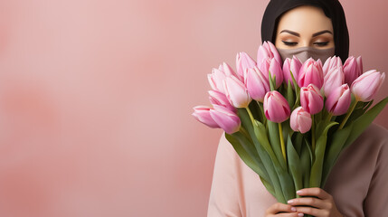 Bouquet of pink tulips in hand. Pink background with copy space. High quality photo.