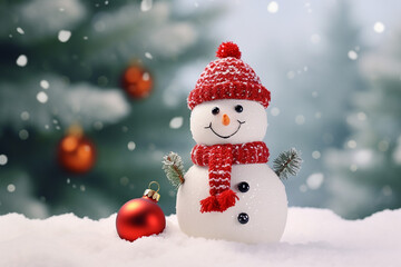 Fototapeta premium Cute Snowman Claus Doll with Copy Space on Vintage Christmas Tree Background - Created with Generative AI Tools