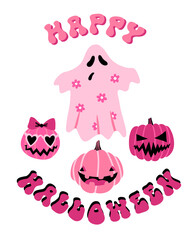 Pink greeting card with a ghost and pumpkins. Happy Halloween - Halloween quote on white background with pink colorful letters. Cute cartoon design. Trick or treat.