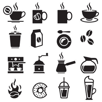 Coffee icon set vector design, coffee, icon, vector, cup, set, tea, food, drink, cafe, kitchen, icons, illustration, silhouette, restaurant, pot, symbol, design, cooking, mug, sign, pan, espresso
