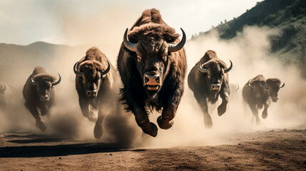 A herd of buffalo stampeding through a dusty valley, creating a cloud of dust behind them. - obrazy, fototapety, plakaty