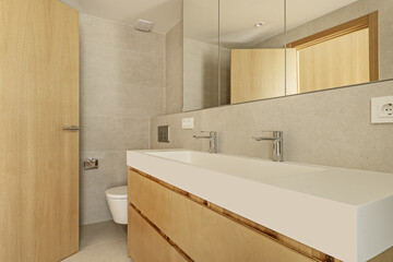 Bathroom with cabinet with mirror doors, one-piece white resin sink with two independent taps and wooden cabinet underneath