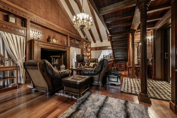 Room decorated with a lot of noble wood in the furniture and on the walls, a staircase to the library of the same material and a wooden sofa upholstered in brown cowhide.