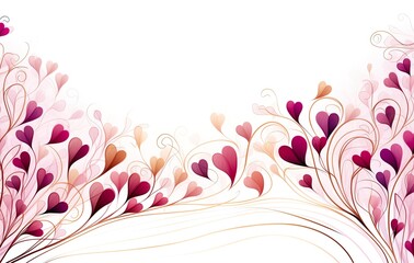 Pink and purple hearts attached to golden branches swirling on a white background. Frame with hearts and spirals for card, banner, invitation, wedding. Minimalistic art for big emotions.