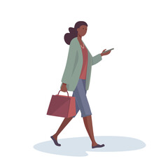 Woman walk and go about business. looks at his phone. Full body flat women on white background. Vector illustration isolated in flat style