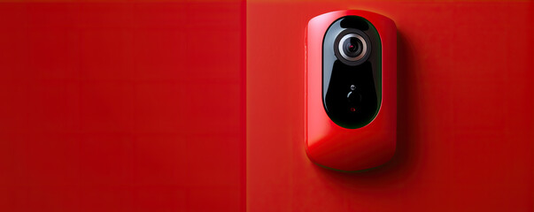 Detail on modern doorbell with mounted video camera on red background.