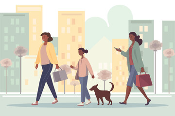 People walk. Flat characters walking. a mom and daughter with dog are walking down the street,woman looking at the phone goes about her business Color cartoon characters